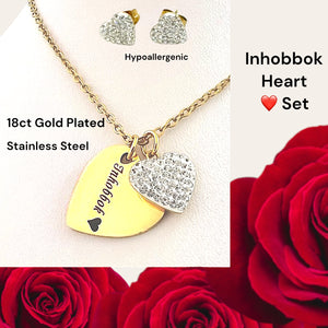 Stainless Steel Yellow Gold Plated Double Heart Inhobbok Set Necklace and Stud Earrings with Sparkling Crystals