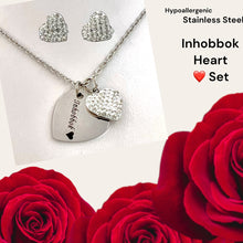 Load image into Gallery viewer, Stainless Steel Yellow Gold Plated Double Heart Inhobbok Set Necklace and Stud Earrings with Sparkling Crystals