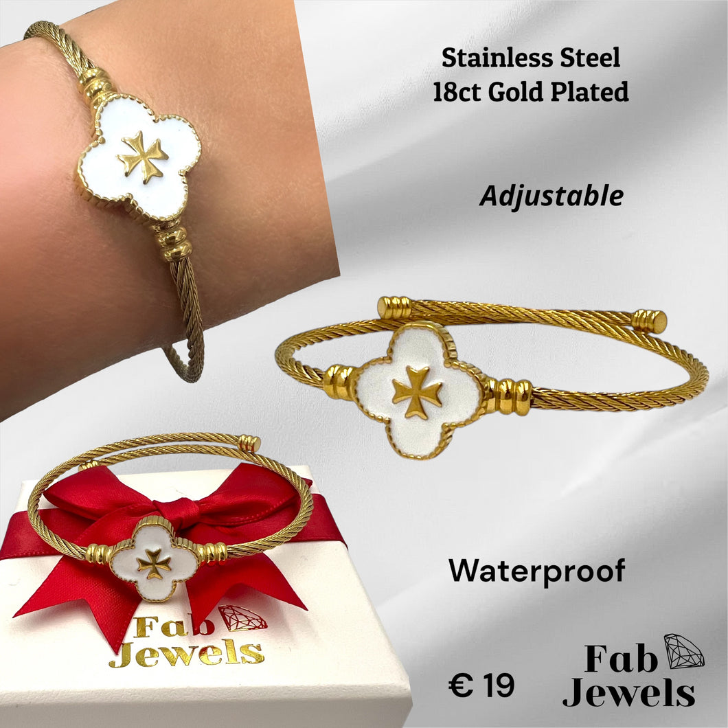 Yellow Gold Plated White Clover Maltese Cross Adjustable Bangle