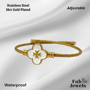 Yellow Gold Plated White Clover Maltese Cross Adjustable Bangle