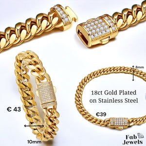 18ct Gold Plated Stainless Steel Cuban Chain Bracelet with Cubic Zirconia Lock