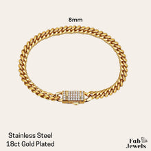 Load image into Gallery viewer, 18ct Gold Plated Stainless Steel Cuban Chain Bracelet with Cubic Zirconia Lock