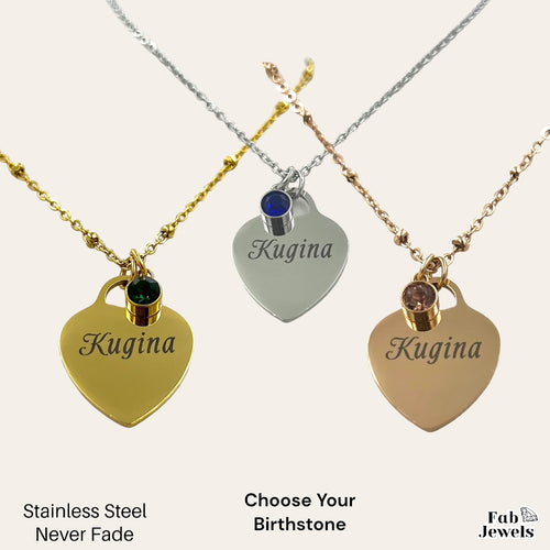 Engraved Stainless Steel 'Kugina’ Heart Pendant with Personalised Birthstone Inc. Necklace