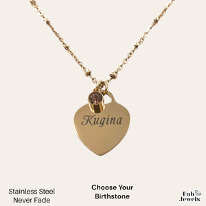Engraved Stainless Steel 'Kugina’ Heart Pendant with Personalised Birthstone Inc. Necklace