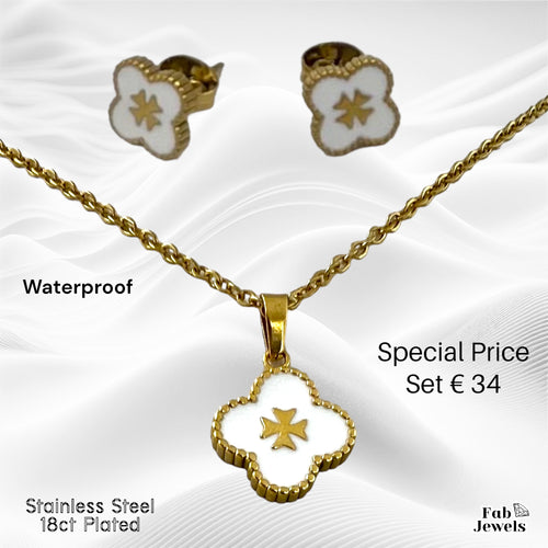 18ct Gold Plated on Stainless Steel Clover Maltese Cross on Mother of Pearl Set Pendant Hypoallergenic Earrings