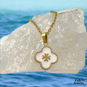 18ct Gold Plated on Stainless Steel Clover Maltese Cross on Mother of Pearl Set Pendant Hypoallergenic Earrings