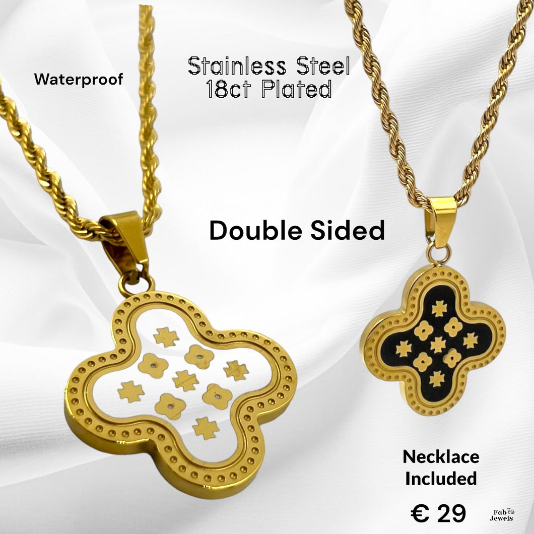 18ct Gold Plated on Stainless Steel Maltese Cross Clover Double Sided Pendant Inc. Rope Chain