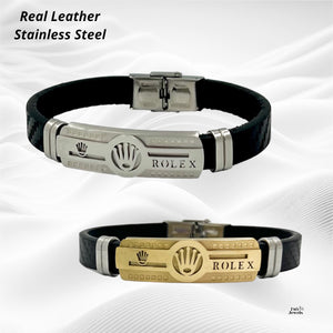 Stylish Black Real Leather and Stainless Steel Men's Bracelets