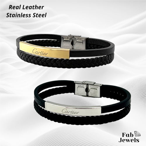 Stylish Black Real Leather and Stainless Steel Men's Bracelets