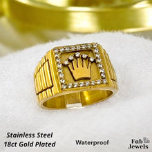 Load image into Gallery viewer, Stainless Steel Yellow Gold Plated Crown Ring with Inlaid Cubic Zirconias