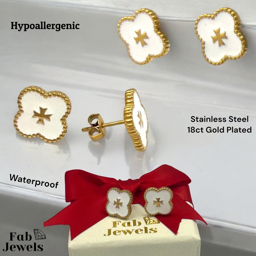 Stainless Steel Silver / Yellow Gold Plated Clover Maltese Cross Stud Earrings Hypoallergenic