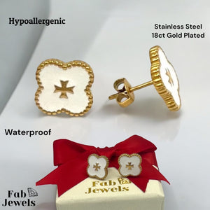 Stainless Steel Silver / Yellow Gold Plated Clover Maltese Cross Stud Earrings Hypoallergenic