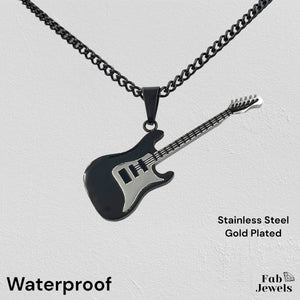 Stainless Steel Yellow Gold Plated Black Guitar Pendant with Necklace