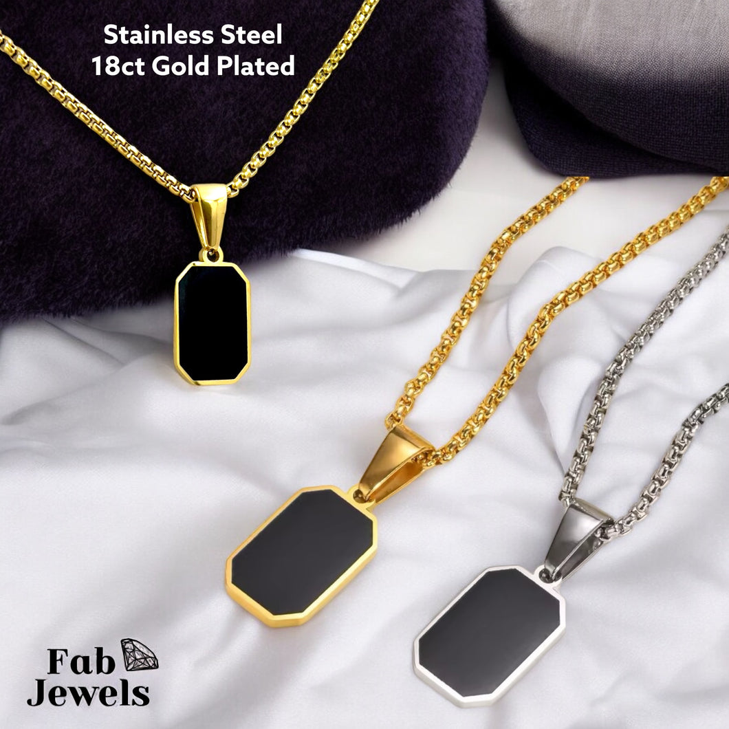 Stainless Steel Stylish Men's Black Onyx Pendant and Necklace