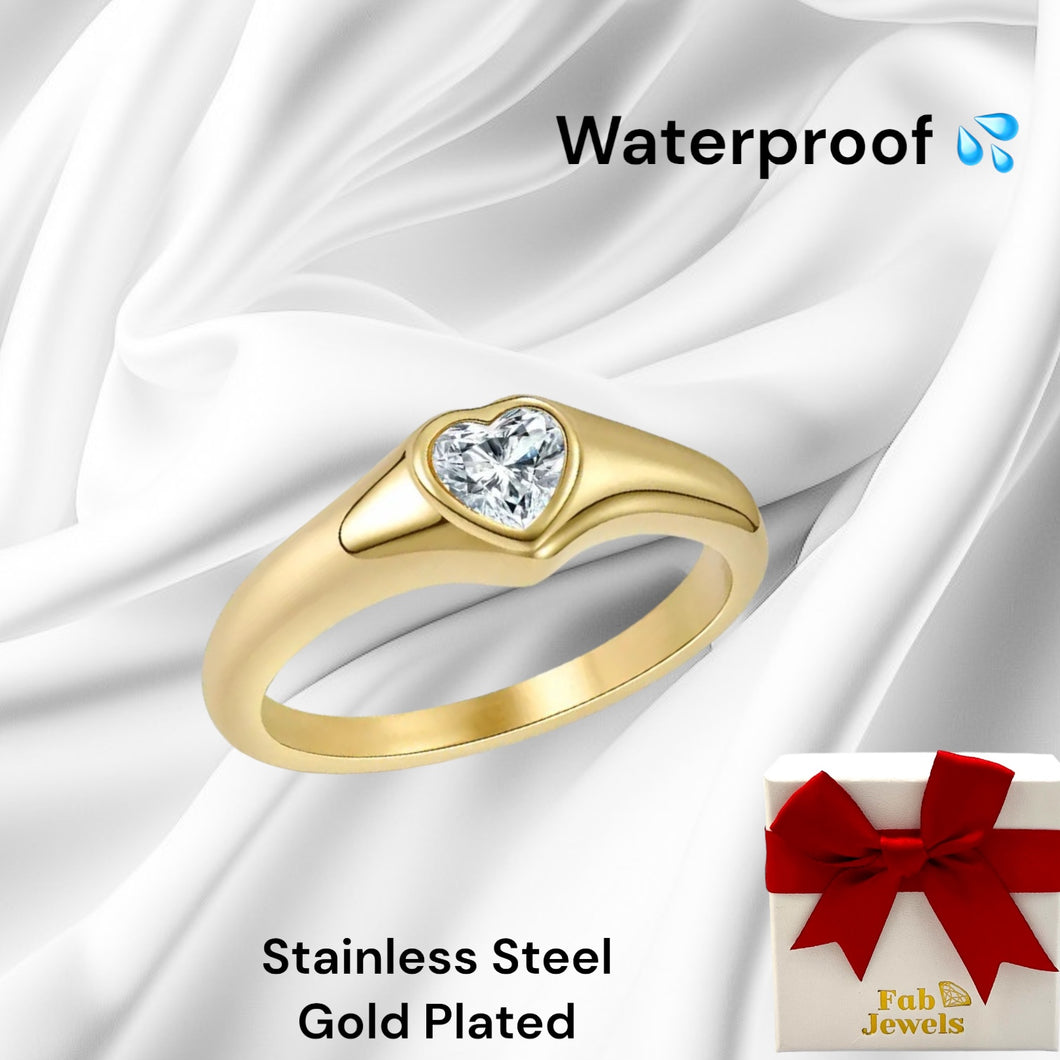 18ct Gold Plated Stainless Steel Waterproof Ring with Heart CZ