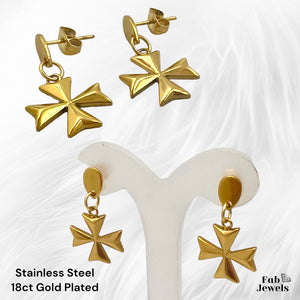 18ct Gold Plated on Stainless Steel Maltese Cross Dangling Earrings
