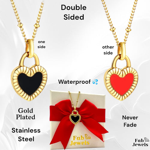18ct Gold Plated on Stainless SteelDouble Sided Heart Pendant Red and Black