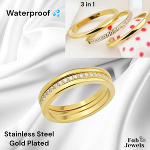 Gold Plated on Stainless Steel 3 in 1 Ring Waterproof with Cubic Zirconia