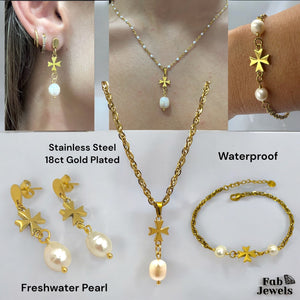 18ct Gold Plated on Stainless Steel Maltese Cross Freshwater Pearl Set Bracelet Hypoallergenic Dangling Earrings Necklace Pendant