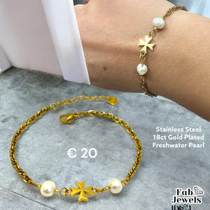 18ct Gold Plated on Stainless Steel Maltese Cross Freshwater Pearl Set Bracelet Hypoallergenic Dangling Earrings Necklace Pendant