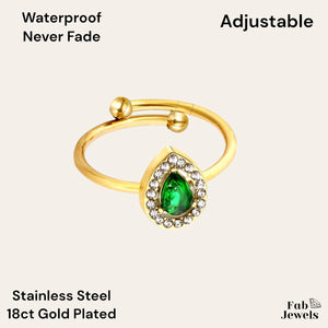 18ct Gold Plated on Stainless Steel Adjustable Ring with Green Cubic Zirconia Waterproof