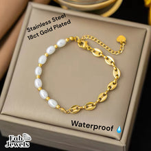 Load image into Gallery viewer, 18ct Yellow Gold Plated Stainless Steel Pearl and Coffee Bean Chain Bracelet