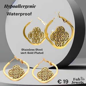 Stainless Steel Gold Plated Hypoallergenic Hoop Earrings Clover Inner Design Waterproof