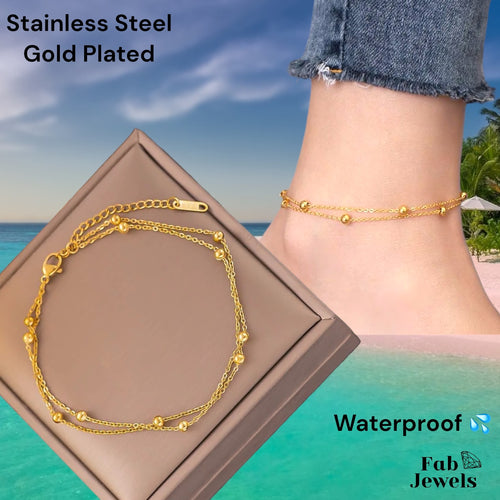 Stainless Steel Waterproof Double Ankle Chain Anklet Yellow Gold Plated