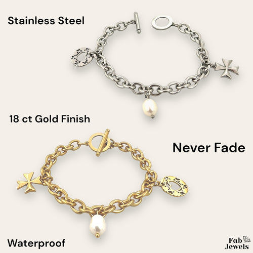 18ct Gold Plated Stainless Steel Charm Bracelet Toggle Clasp Freshwater Pearl Maltese Cross Heart Charm