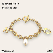 Load image into Gallery viewer, 18ct Gold Plated Stainless Steel Charm Bracelet Toggle Clasp Freshwater Pearl Maltese Cross Heart Charm