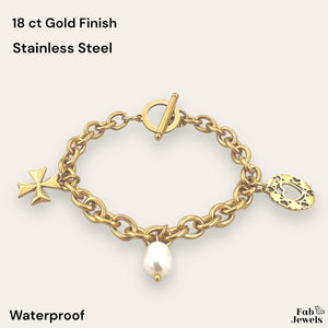 18ct Gold Plated Stainless Steel Charm Bracelet Toggle Clasp Freshwater Pearl Maltese Cross Heart Charm