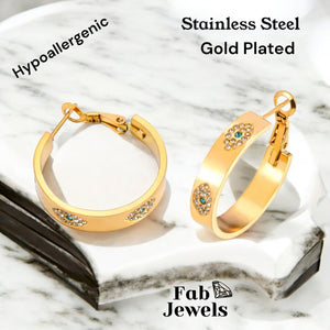 Stainless Steel Gold Plated Hypoallergenic Evil Eye Hoop Earrings