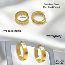 Load image into Gallery viewer, Hypoallergenic Yellow Gold Plated Hoop Earrings with 3 Inlaid Cubic Zirconias