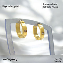 Load image into Gallery viewer, Hypoallergenic Yellow Gold Plated Hoop Earrings with 3 Inlaid Cubic Zirconias