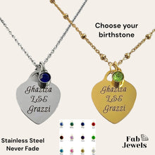 Load image into Gallery viewer, Engraved Stainless Steel &#39;Ghaziza LSE Grazzi’ Heart Pendant with Personalised Birthstone Inc. Necklace