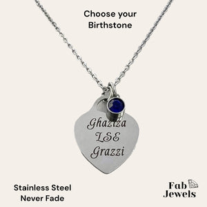 Engraved Stainless Steel 'Ghaziza LSE Grazzi’ Heart Pendant with Personalised Birthstone Inc. Necklace