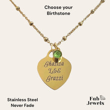 Load image into Gallery viewer, Engraved Stainless Steel &#39;Ghaziza LSE Grazzi’ Heart Pendant with Personalised Birthstone Inc. Necklace