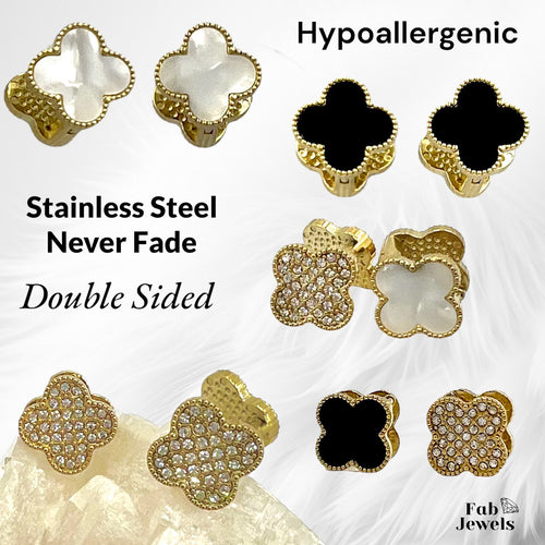 Stainless Steel Hypoallergenic Gold Plated 2 Way Double Sided Clover Earrings Mother of Pearl Onyx CZ