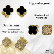 Load image into Gallery viewer, Stainless Steel Hypoallergenic Gold Plated 2 Way Double Sided Clover Earrings Mother of Pearl Onyx CZ