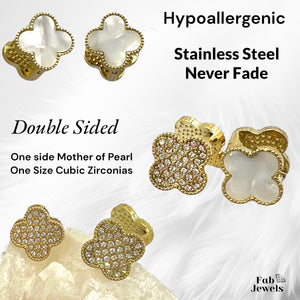 Stainless Steel Hypoallergenic Gold Plated 2 Way Double Sided Clover Earrings Mother of Pearl Onyx CZ