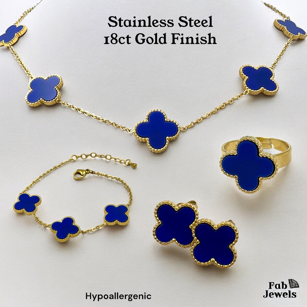 Stainless Steel 316L Yellow Gold Plated Blue Clover Set Necklace Bracelet Earrings Ring
