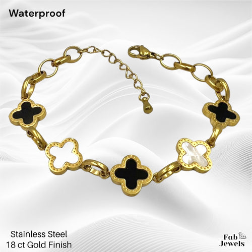 Yellow Gold Plated Stainless Steel Clover Bracelet with Mother of Pearl and Onyx