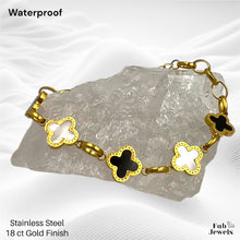 Load image into Gallery viewer, Yellow Gold Plated Stainless Steel Clover Bracelet with Mother of Pearl and Onyx