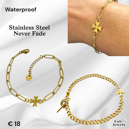 Stainless Steel 316L Waterproof 18ct Gold Plated Maltese Cross Bracelet Paperclip Chain