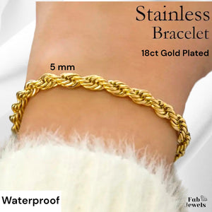Stainless Steel Yellow Gold Plated Rope Chain Bracelet 5 mm