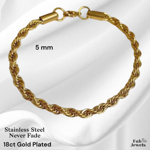 Stainless Steel Yellow Gold Plated Rope Chain Bracelet 5 mm