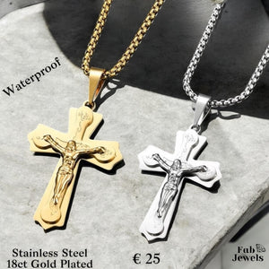 18ct Gold Plated on Stainless Steel Crucifix Cross Pendant and Necklace