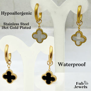 Stainless Steel Hypoallergenic Gold Plated Hoop Earrings with Dangling Clover Charm
