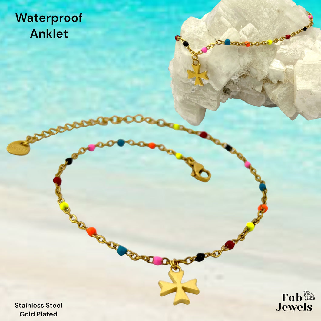 Stainless Steel 316L Waterproof 18ct Gold Plated Multicolored Maltese Cross Anklet Ankle Chain