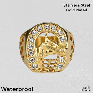 18ct Gold Plated on Stainless Steel Waterproof Horse Ring with Cubic Zirconia